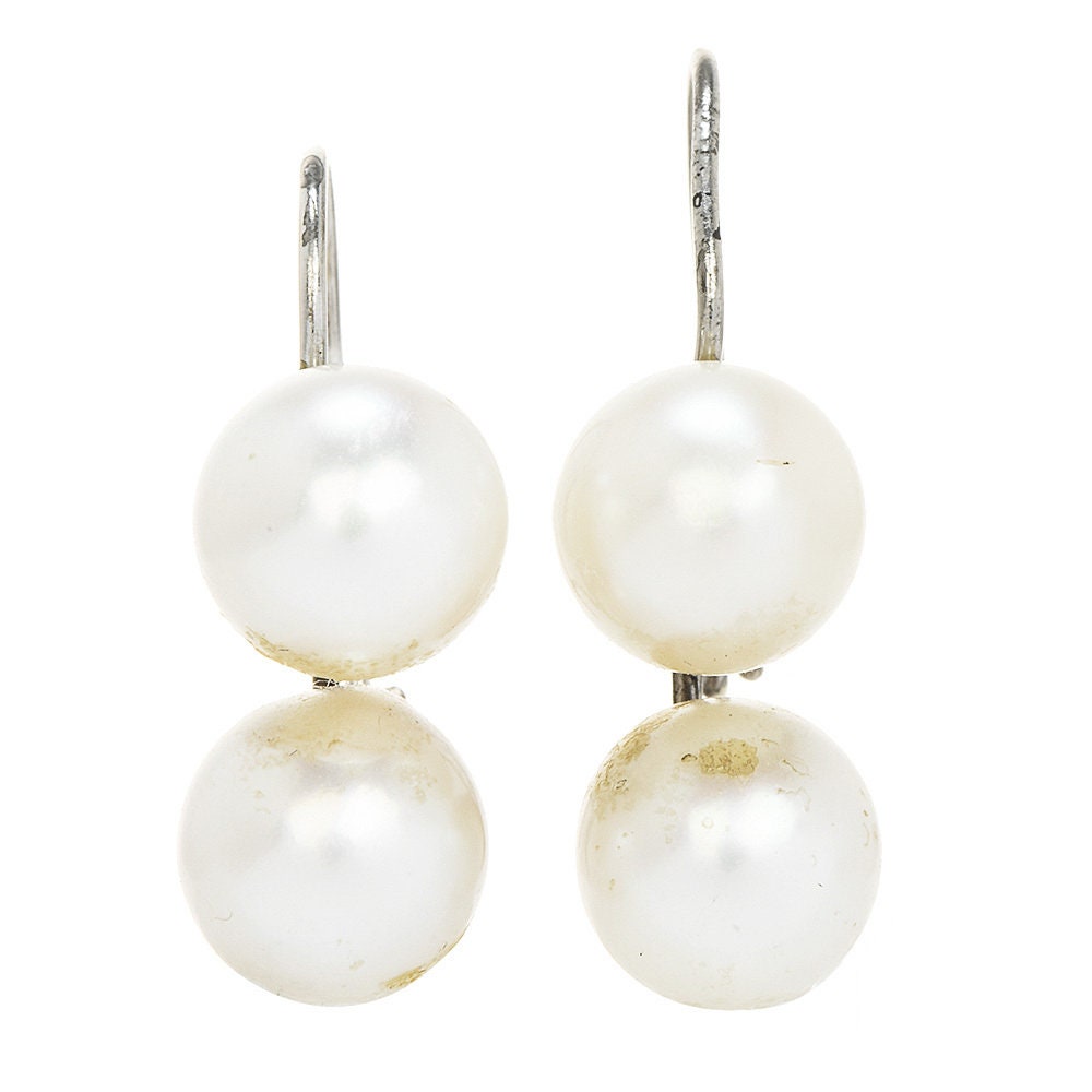 Estate 7mm Double Pearl Drop Earrings on 14K White Gold Wire