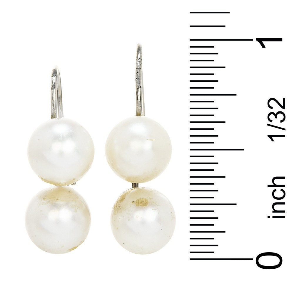 Estate 7mm Double Pearl Drop Earrings on 14K White Gold Wire