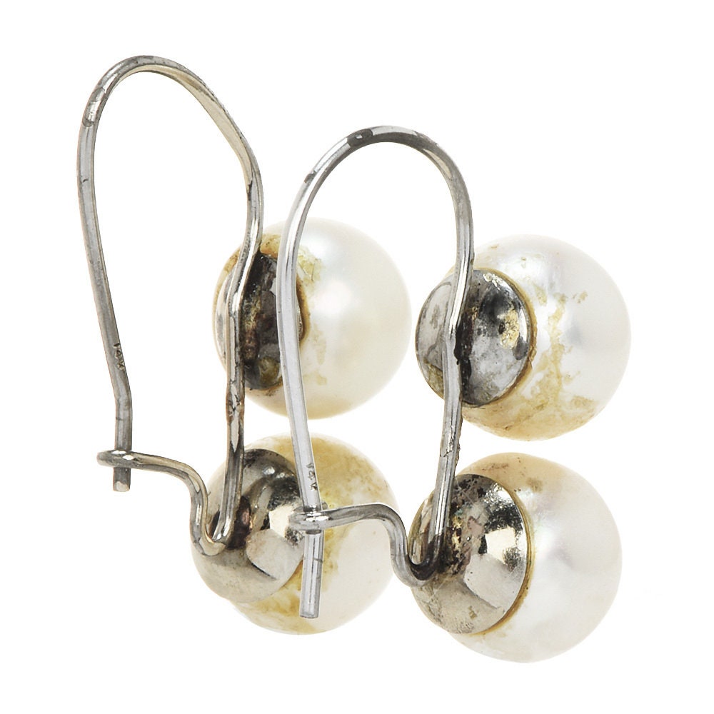 Estate 7mm Double Pearl Drop Earrings on 14K White Gold Wire