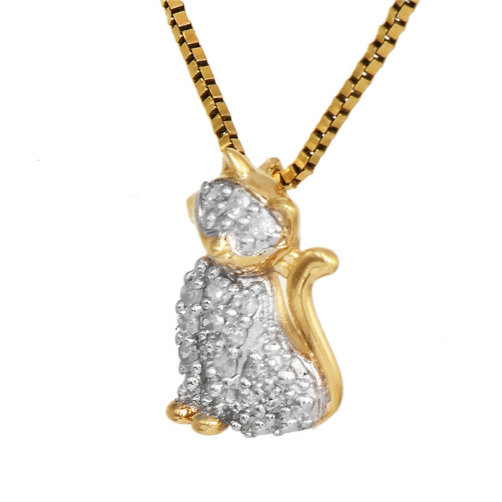 Bicolor Yellow and White Gold Cat Pendant with Pavé Diamonds