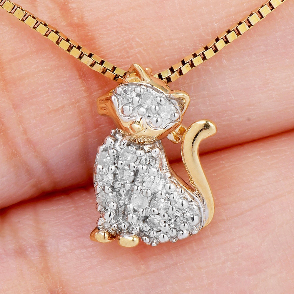 Bicolor Yellow and White Gold Cat Pendant with Pavé Diamonds