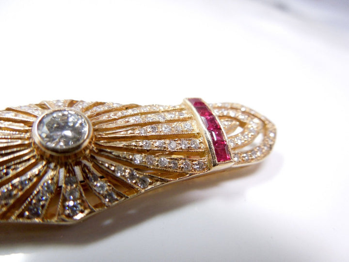 Beautiful Estate Deco Style Diamond, Ruby, and Yellow Gold Brooch
