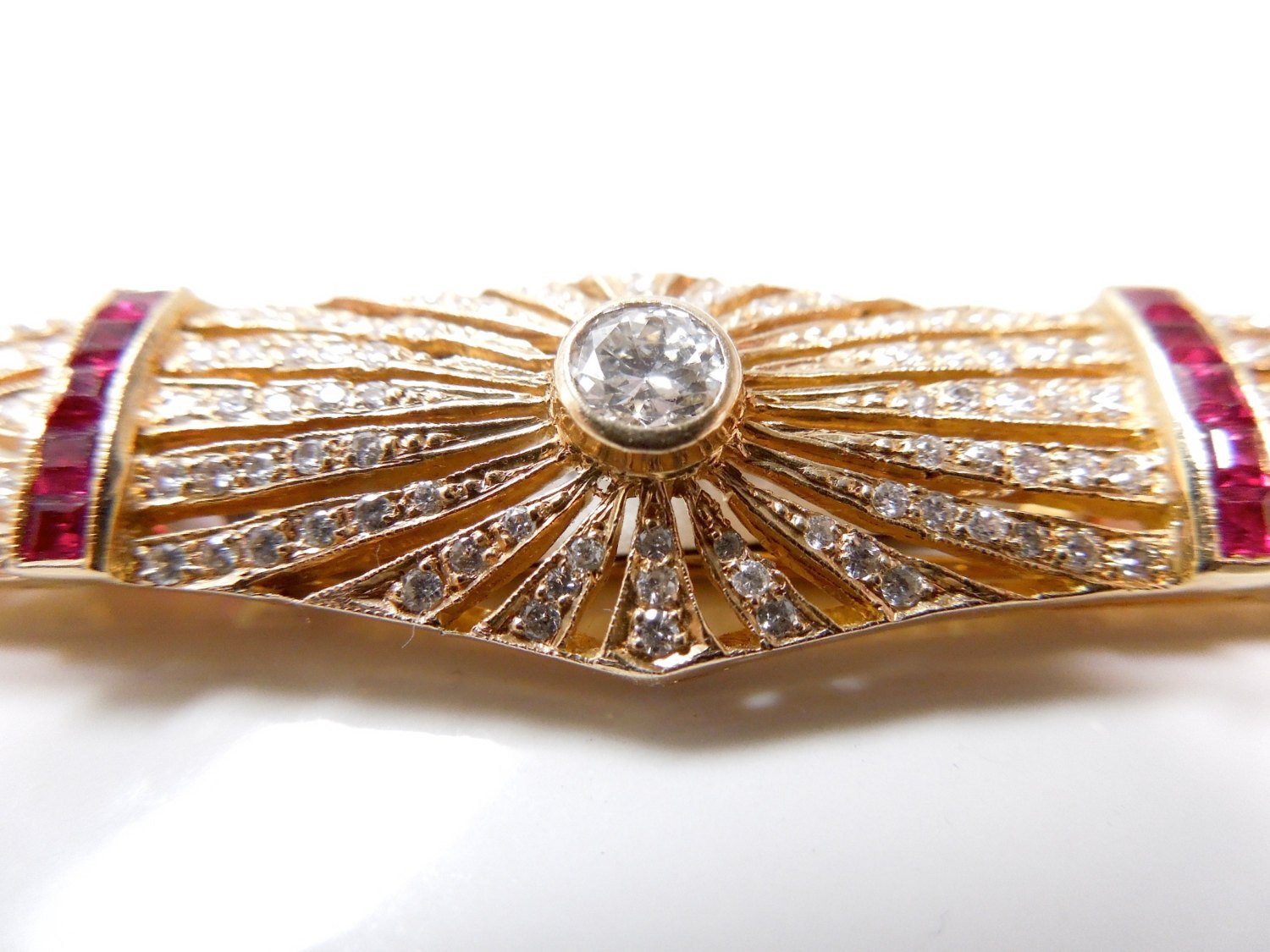 Beautiful Estate Deco Style Diamond, Ruby, and Yellow Gold Brooch
