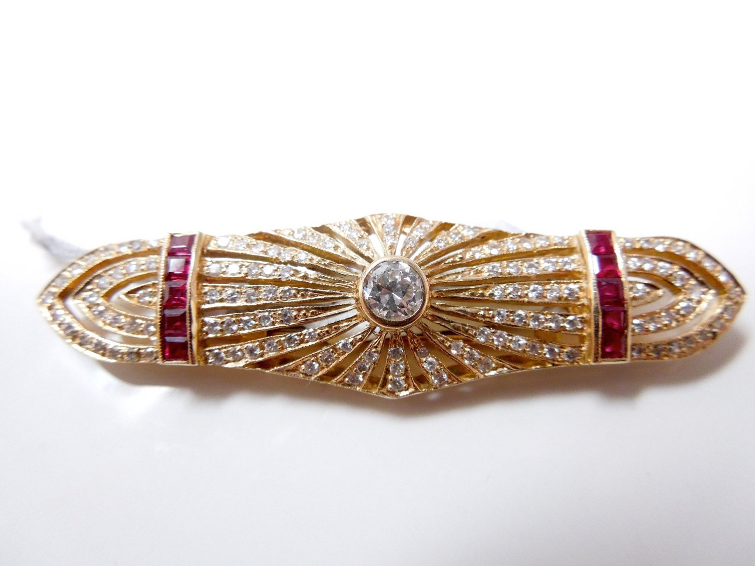 Beautiful Estate Deco Style Diamond, Ruby, and Yellow Gold Brooch