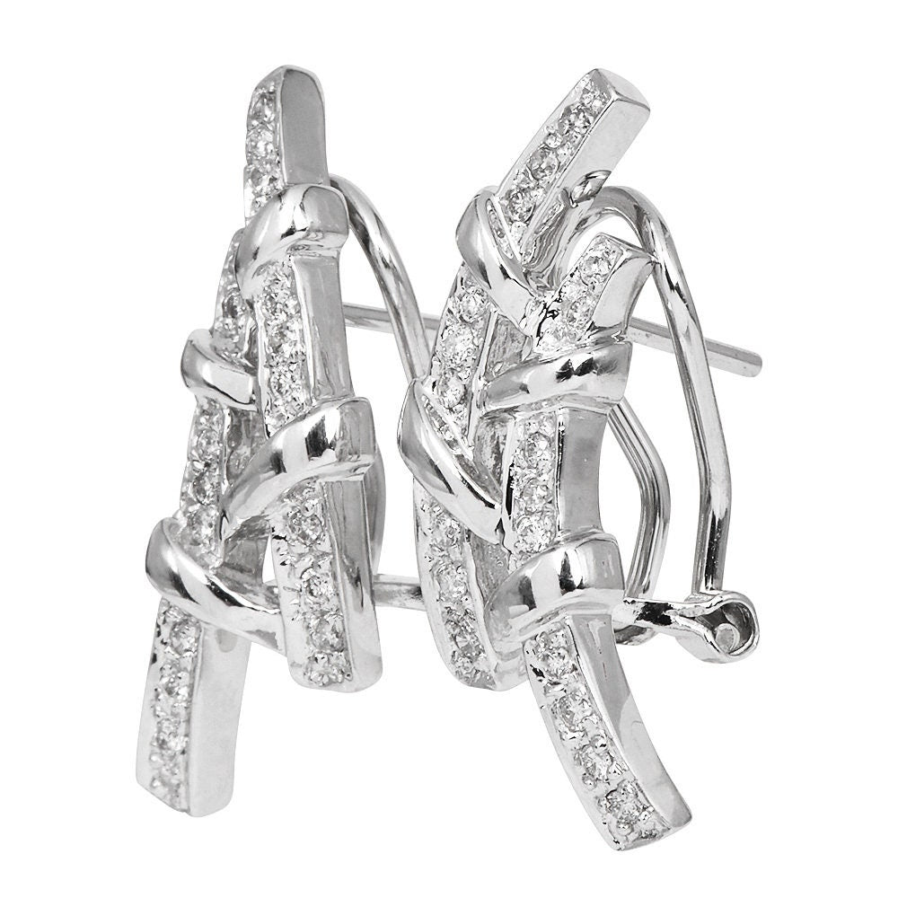 Vintage White Gold and Pavé Diamond Bamboo Earrings with Omega Backs