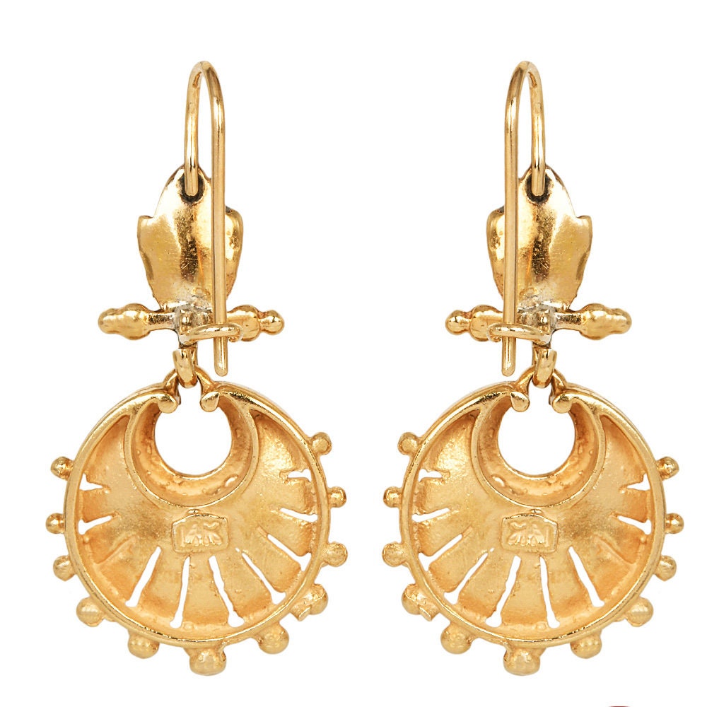 Vintage 14K Yellow Gold Etruscan Revival Style Drop Earrings with Gold Granulation