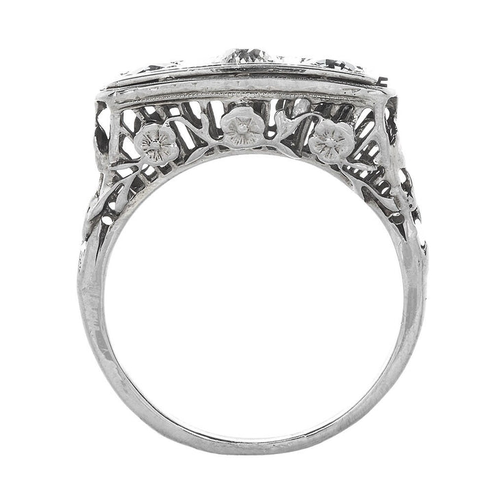 Art Deco Diamond and Sapphire Three Stone Engagement Ring in 18K White Gold