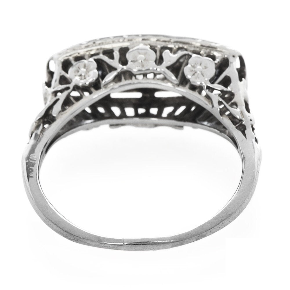 Art Deco Diamond and Sapphire Three Stone Engagement Ring in 18K White Gold