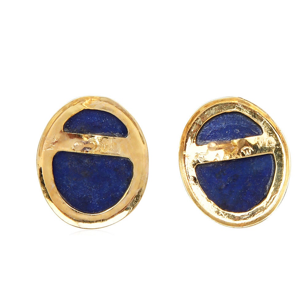 Vintage Oval Lapid Lazuli Bezel Set Stud Earrings in Yellow Gold