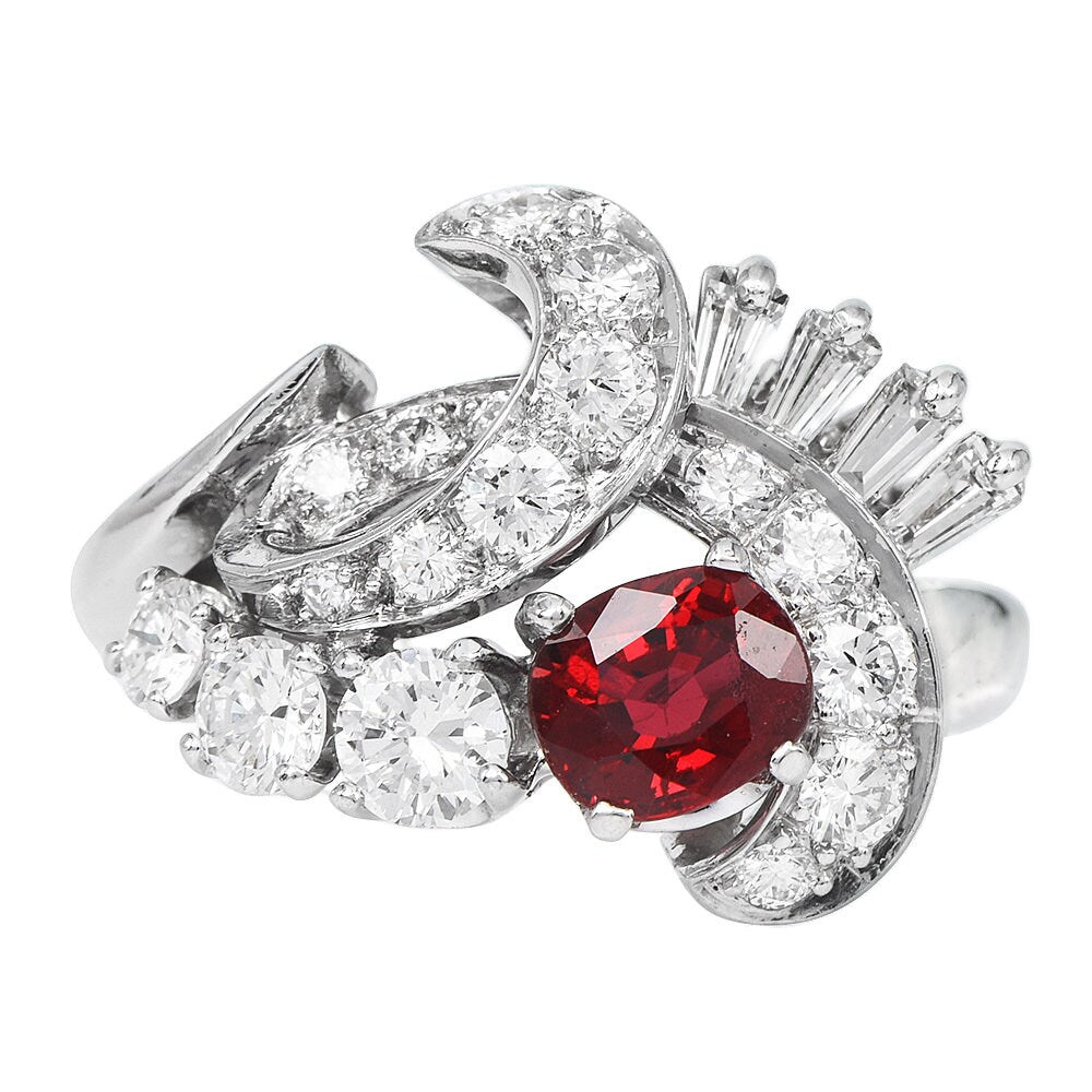 1940s Retro Diamond and Oval Ruby Swirl Ring in Platinum