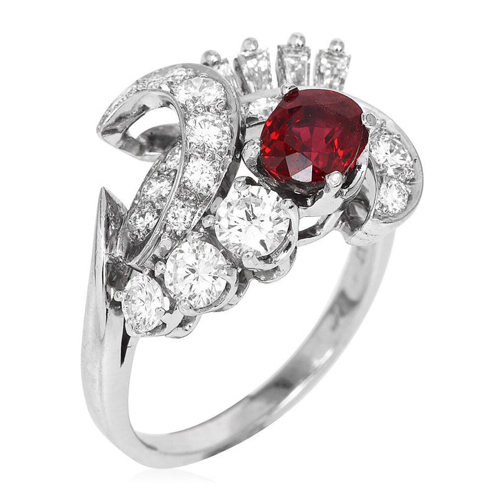 1940s Retro Diamond and Oval Ruby Swirl Ring in Platinum