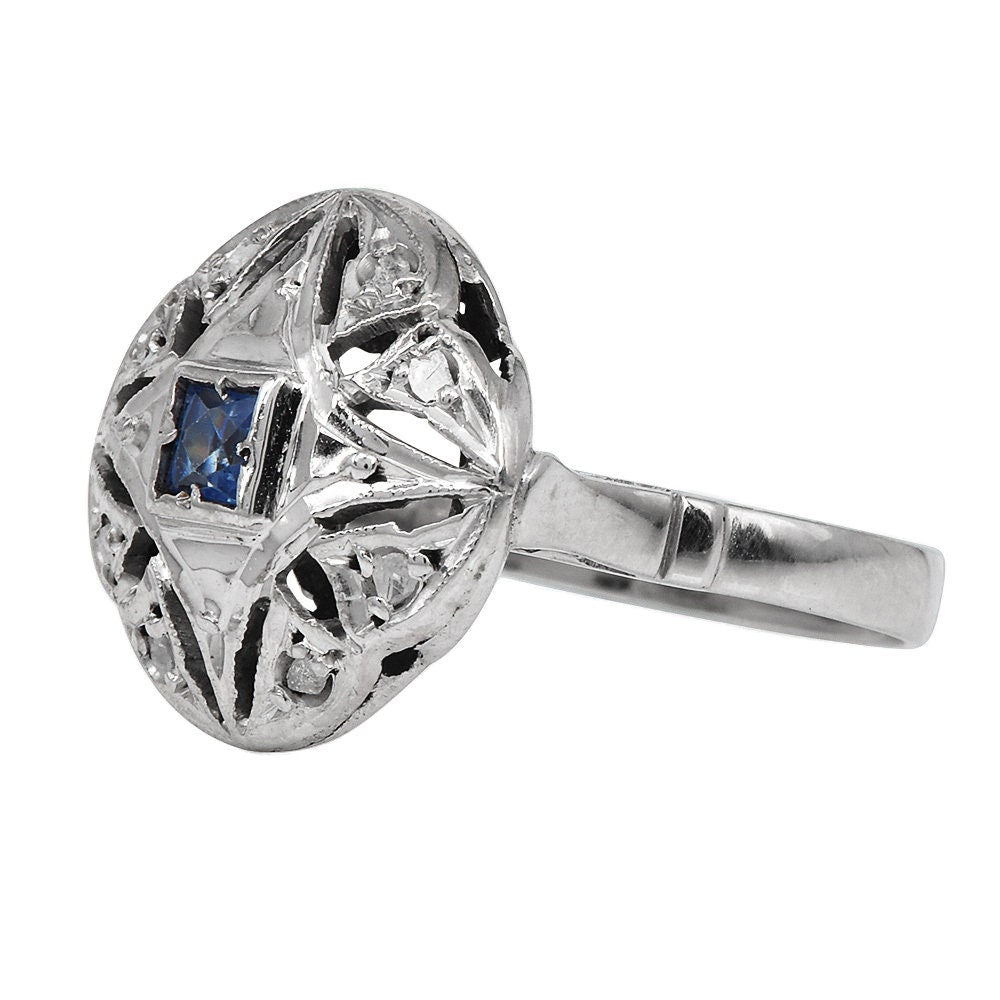 Vintage Palladium Diamond and Sapphire Quatrefoil Ring