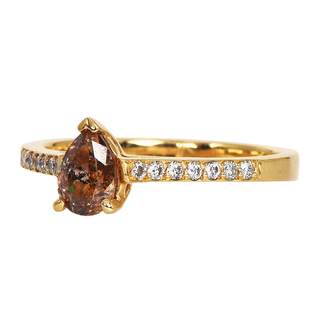 0.69ct Natural Fancy Yellowish Orange Pear Cut Diamond Engagement Ring in 18K Yellow Gold