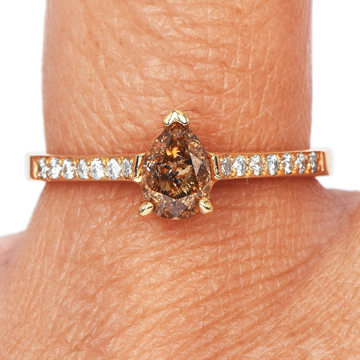 0.69ct Natural Fancy Yellowish Orange Pear Cut Diamond Engagement Ring in 18K Yellow Gold