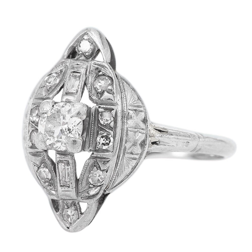 Antique Art Deco Platinum and Diamond Navette Engagement Ring