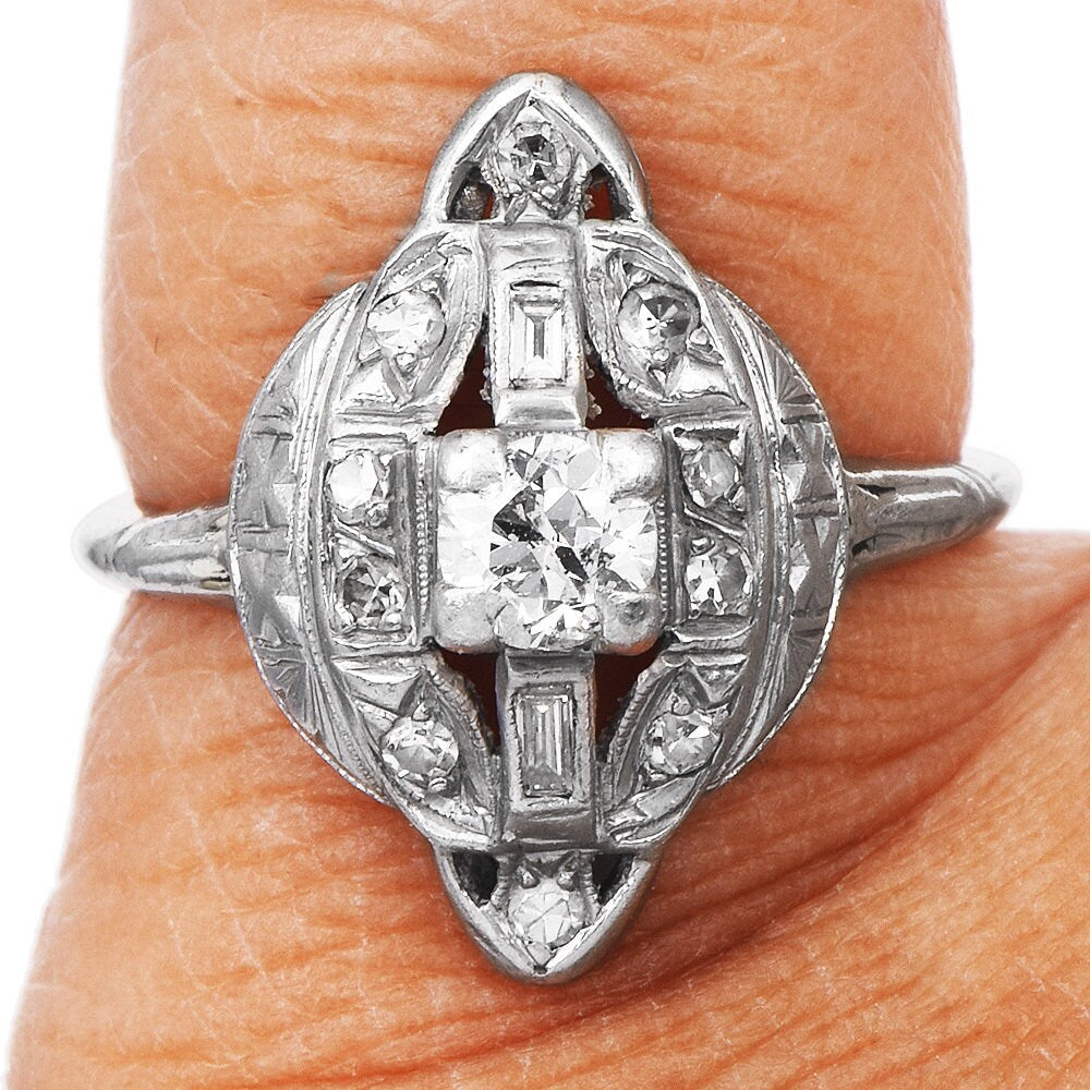 Antique Art Deco Platinum and Diamond Navette Engagement Ring