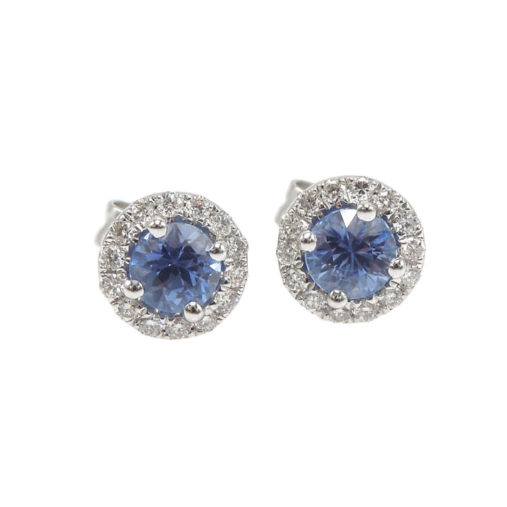 14K White Gold and Light Blue Sapphire and Diamond Halo Stud Earrings