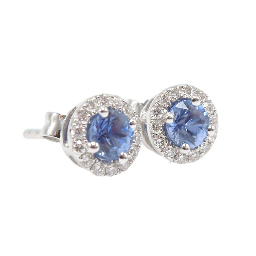 14K White Gold and Light Blue Sapphire and Diamond Halo Stud Earrings