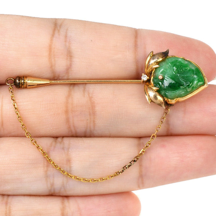 Vintage Diamond and Green Jade Strawberry Bar Pin in 14K Yellow Gold and Stainless Steel