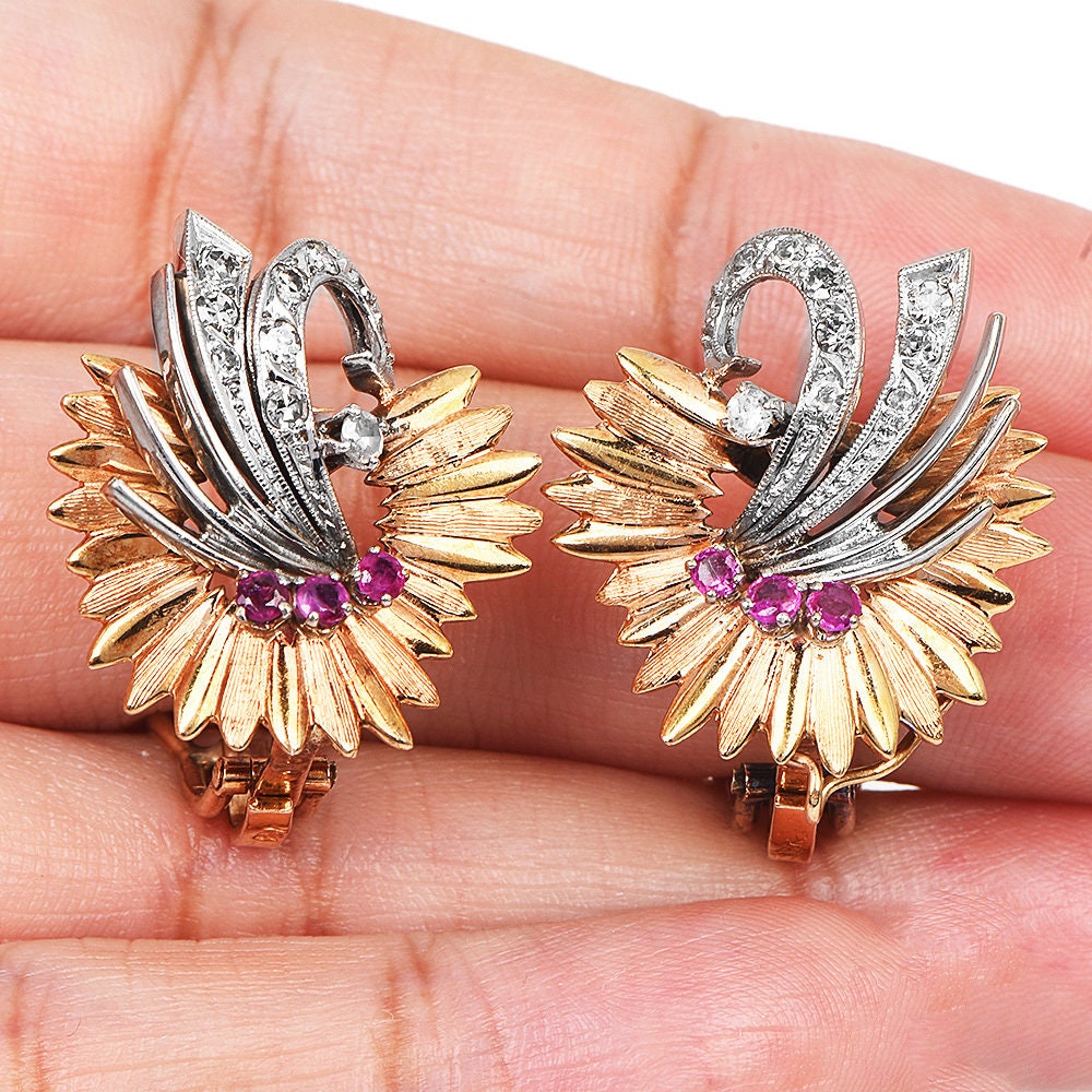 Vintage 1940s Retro Two Tone Rose and White Gold Diamond and Ruby Feather Spray Earrings