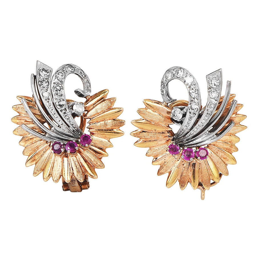 Vintage 1940s Retro Two Tone Rose and White Gold Diamond and Ruby Feather Spray Earrings