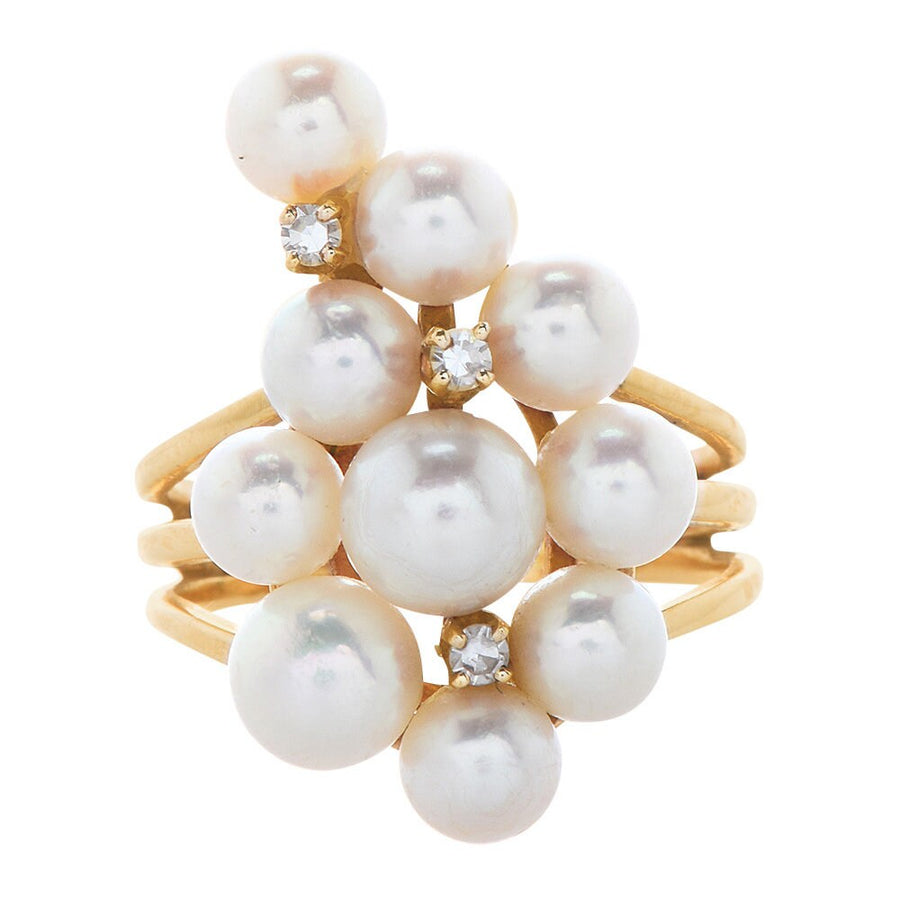 Vintage Pearl and Diamond Swirl Cluster Ring in 14K Yellow Gold