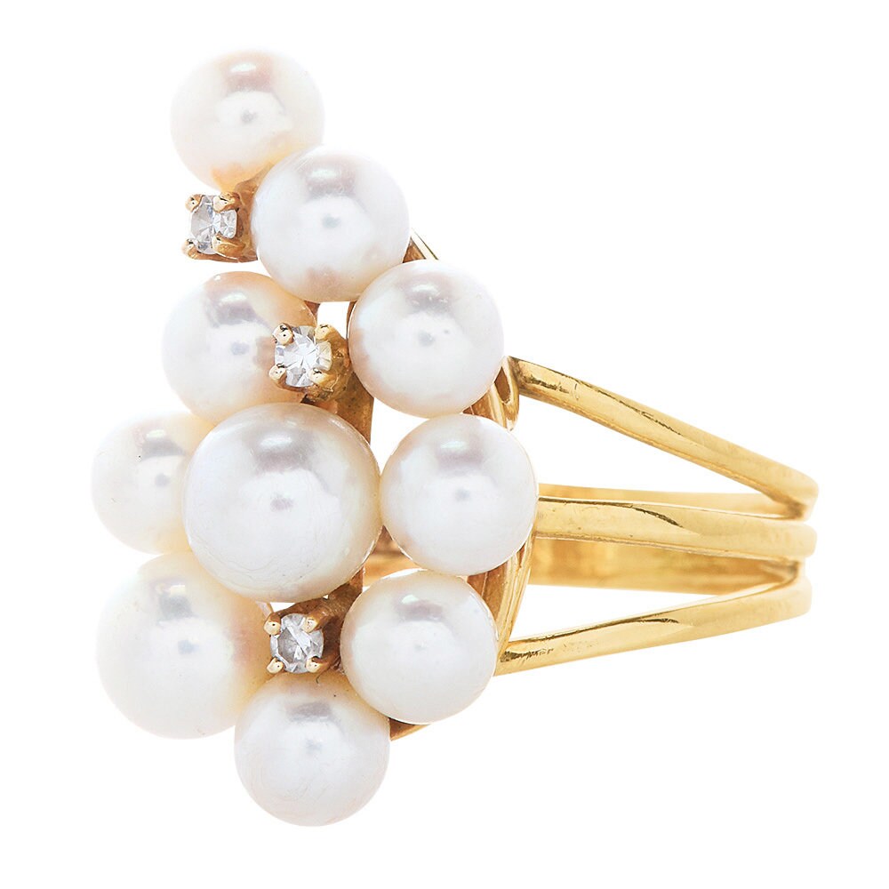 Vintage Pearl and Diamond Swirl Cluster Ring in 14K Yellow Gold