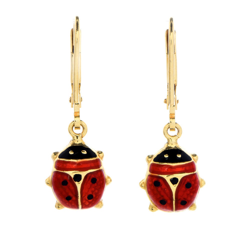 Vintage Italian Enamel and Yellow Gold Ladybug Lever Back Drop Earrings