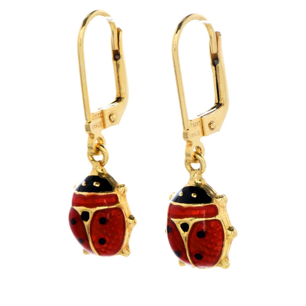 Vintage Italian Enamel and Yellow Gold Ladybug Lever Back Drop Earrings