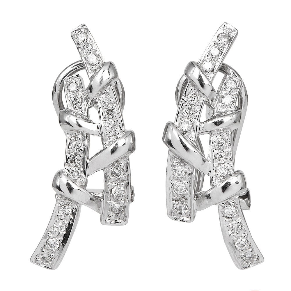 Vintage White Gold and Pavé Diamond Bamboo Earrings with Omega Backs