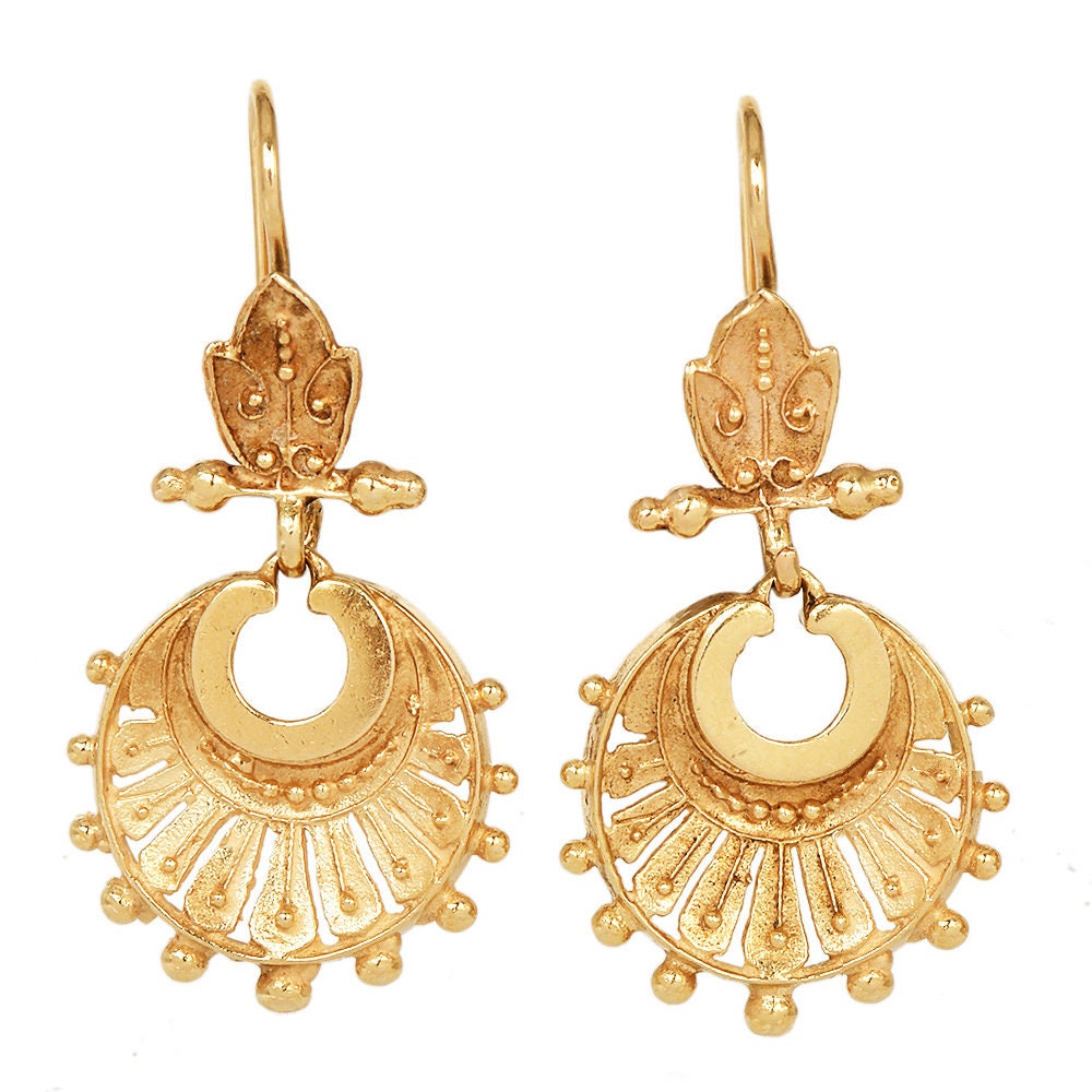 Vintage 14K Yellow Gold Etruscan Revival Style Drop Earrings with Gold Granulation