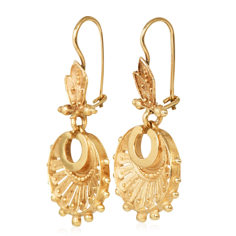 Vintage 14K Yellow Gold Etruscan Revival Style Drop Earrings with Gold Granulation