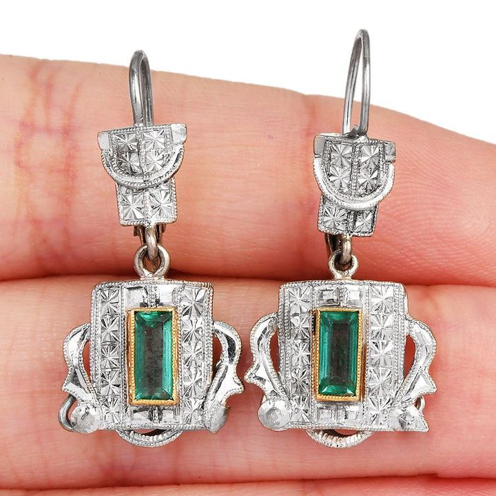 Antique Art Deco 18K Bicolor Gold Emerald Lever Back Drop Earrings