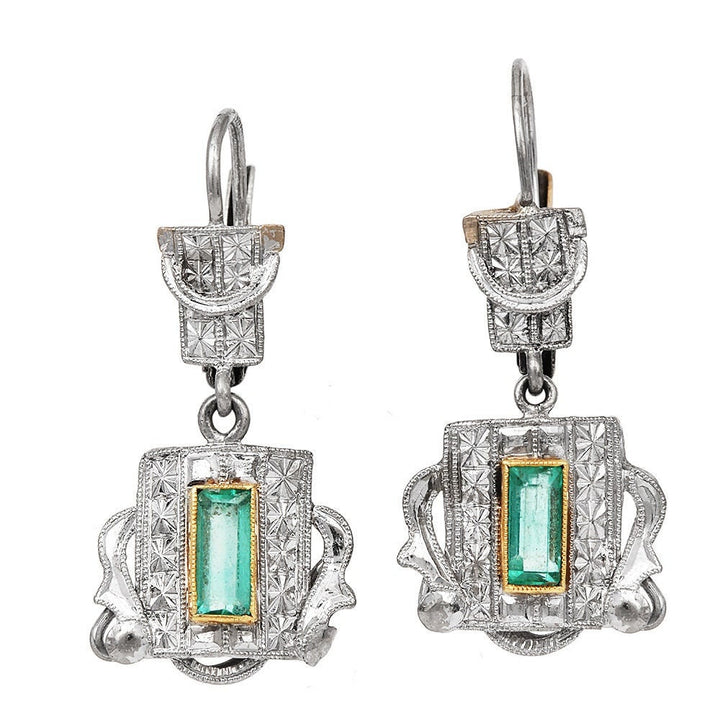 Antique Art Deco 18K Bicolor Gold Emerald Lever Back Drop Earrings