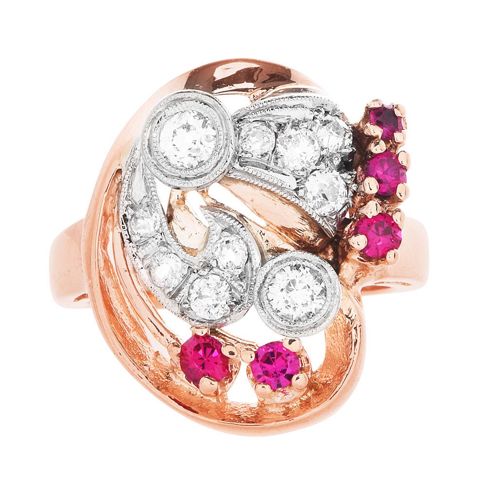 Retro 1940s Diamond and Ruby Asymmetrical Ring in 14K Rose and White Gold
