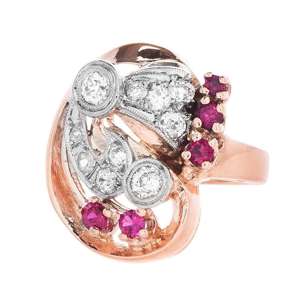 Retro 1940s Diamond and Ruby Asymmetrical Ring in 14K Rose and White Gold