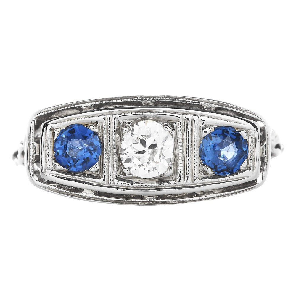 Art Deco Diamond and Sapphire Three Stone Engagement Ring in 18K White Gold
