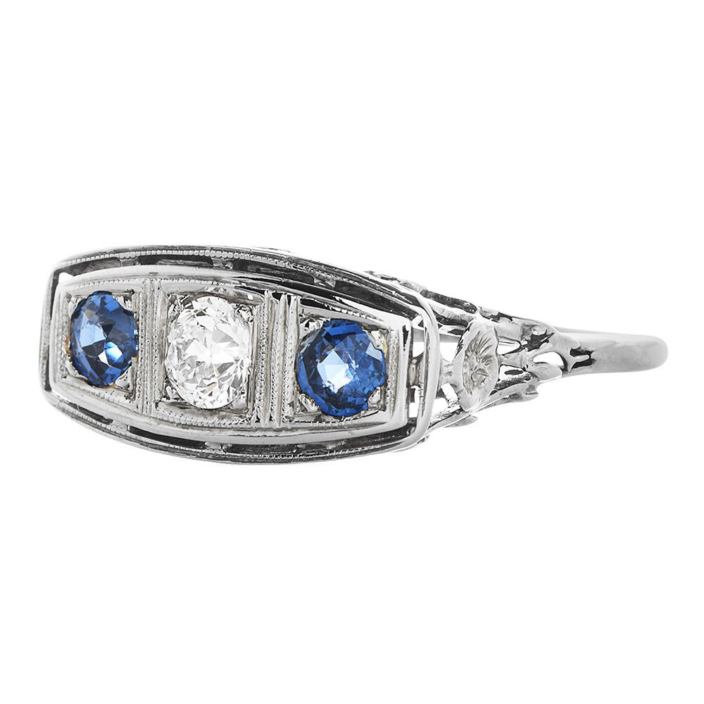 Art Deco Diamond and Sapphire Three Stone Engagement Ring in 18K White Gold