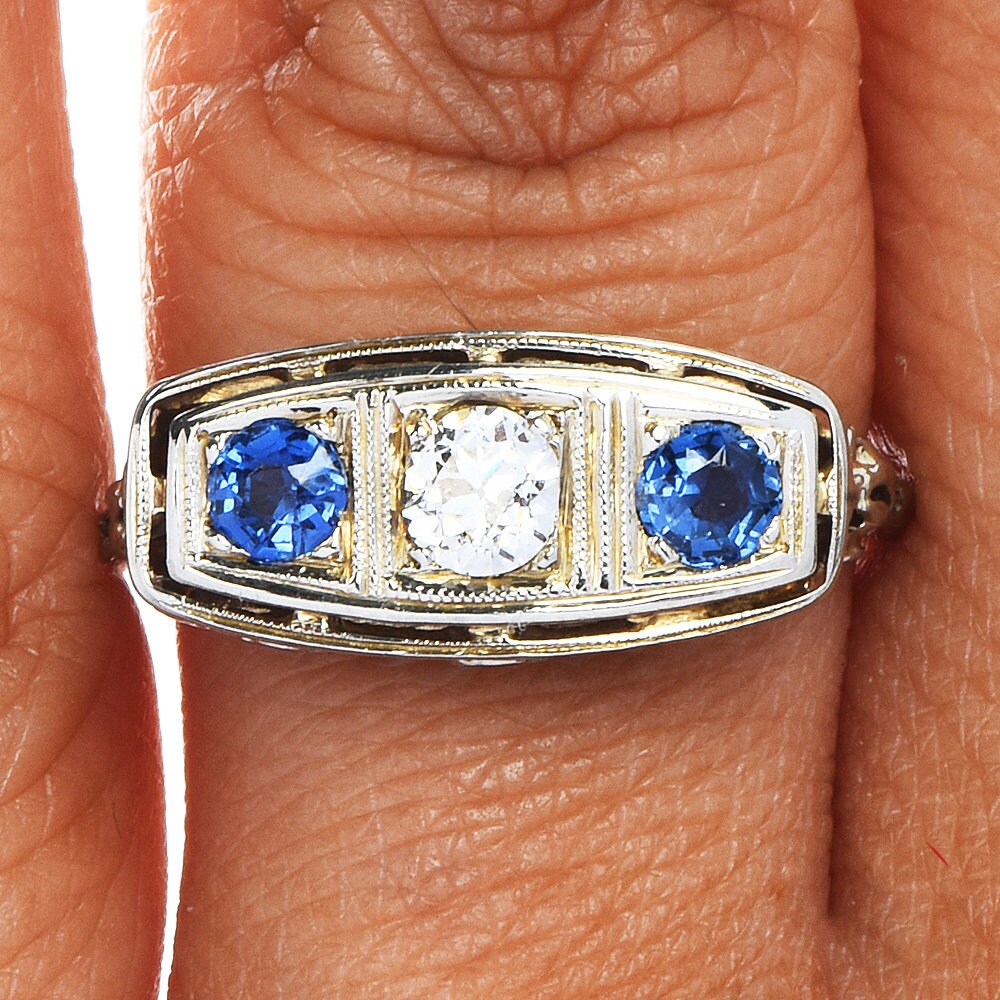 Art Deco Diamond and Sapphire Three Stone Engagement Ring in 18K