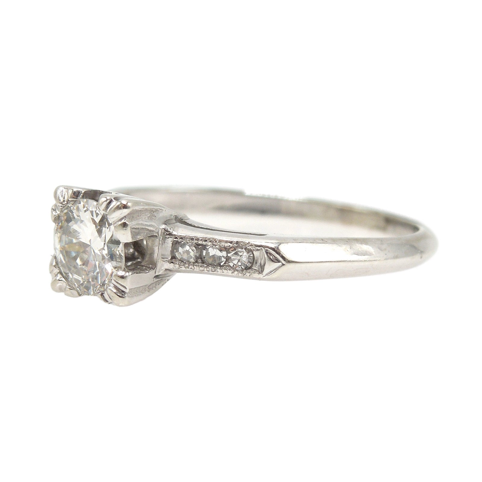 Diamond Accented 1940s White Gold Engagement Ring with 0.37ct Center