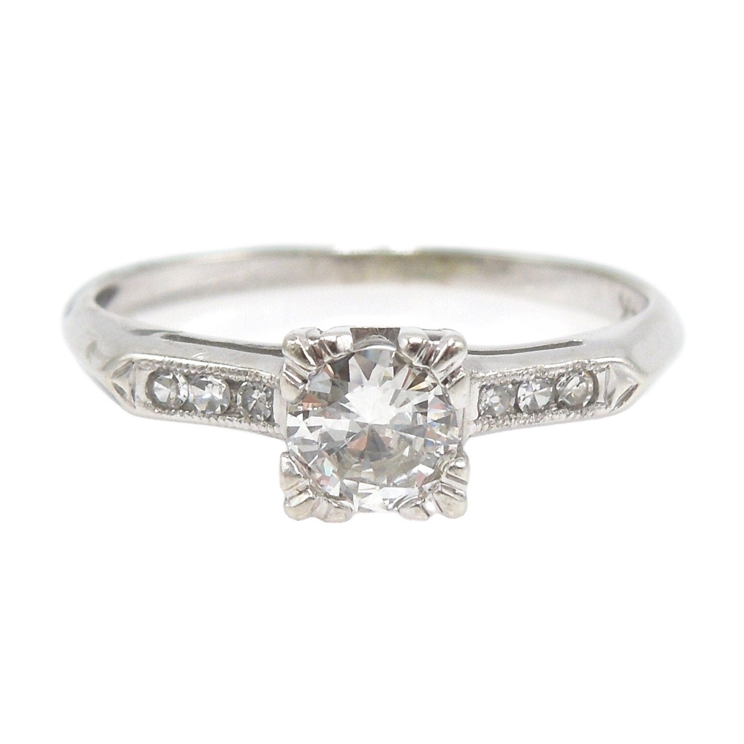 Diamond Accented 1940s White Gold Engagement Ring with 0.37ct Center