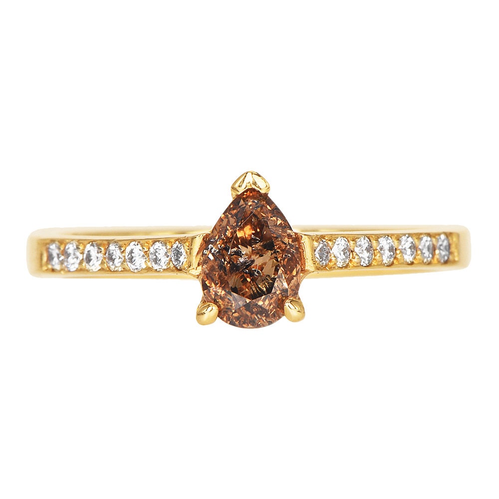 0.69ct Natural Fancy Yellowish Orange Pear Cut Diamond Engagement Ring in 18K Yellow Gold