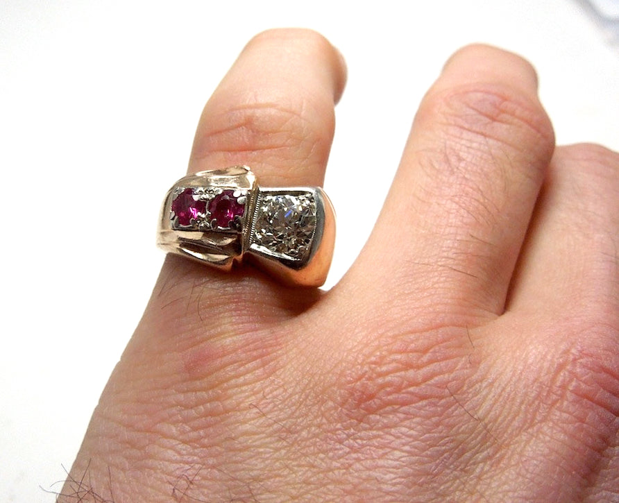 Retro 1940s Gentleman's Ring with 1.88ct European Cut Diamond and Rubellite