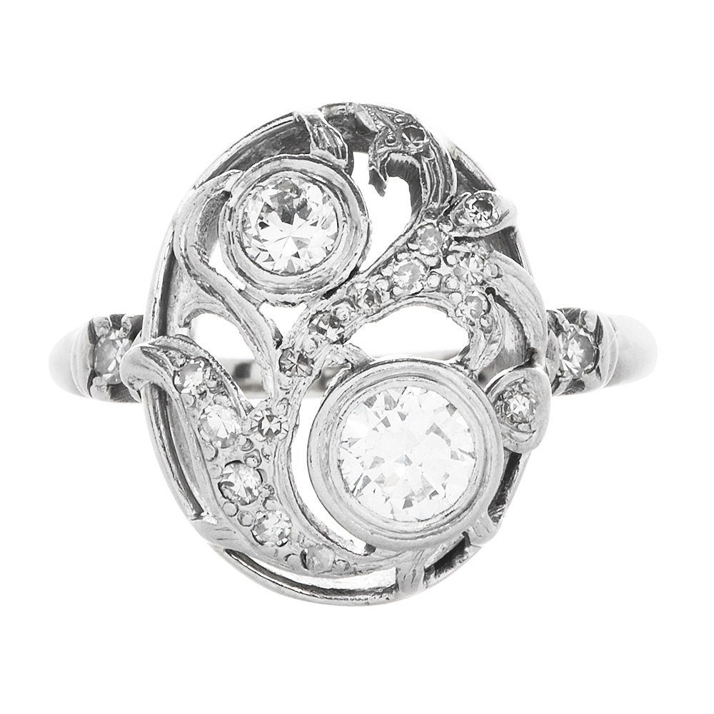 Vintage 14K White Gold and Diamond Oval Shaped Filigree Ring
