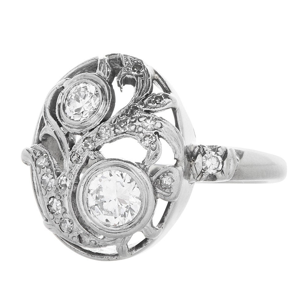 Vintage 14K White Gold and Diamond Oval Shaped Filigree Ring