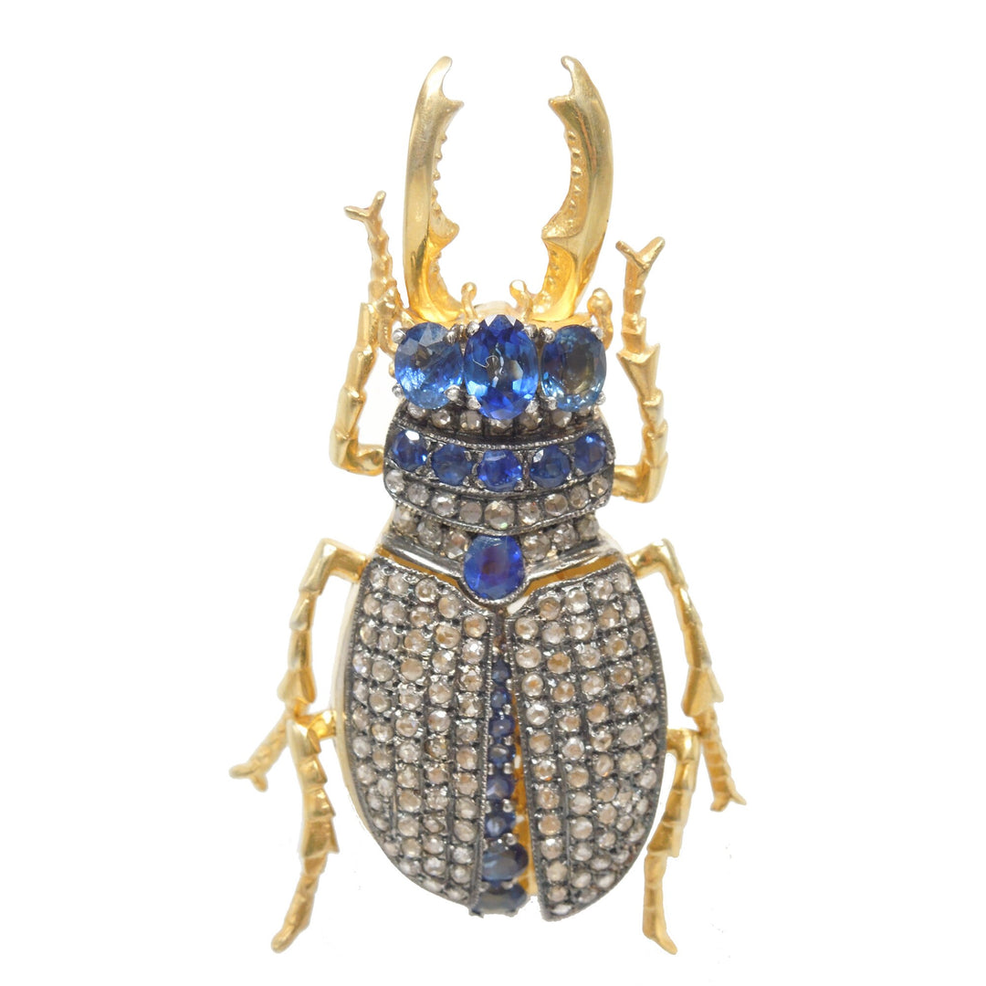Yellow Gold and Sterling Silver Diamond and Sapphire Scarab Beetle Brooch and Pendant