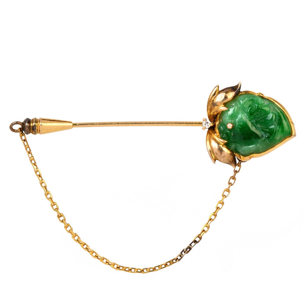 Vintage Diamond and Green Jade Strawberry Bar Pin in 14K Yellow Gold and Stainless Steel