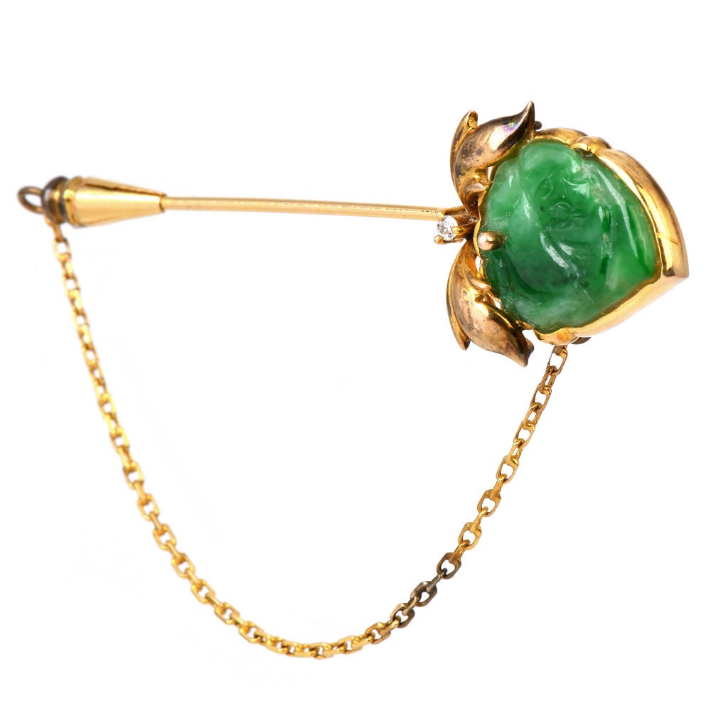 Vintage Diamond and Green Jade Strawberry Bar Pin in 14K Yellow Gold and Stainless Steel