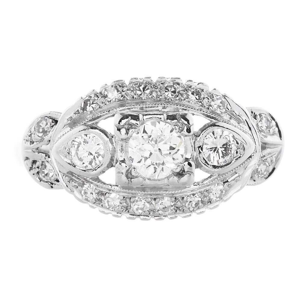 Vintage Almond Shaped 0.25ct Diamond Engagement Ring in 14K White Gold with Accent Diamonds