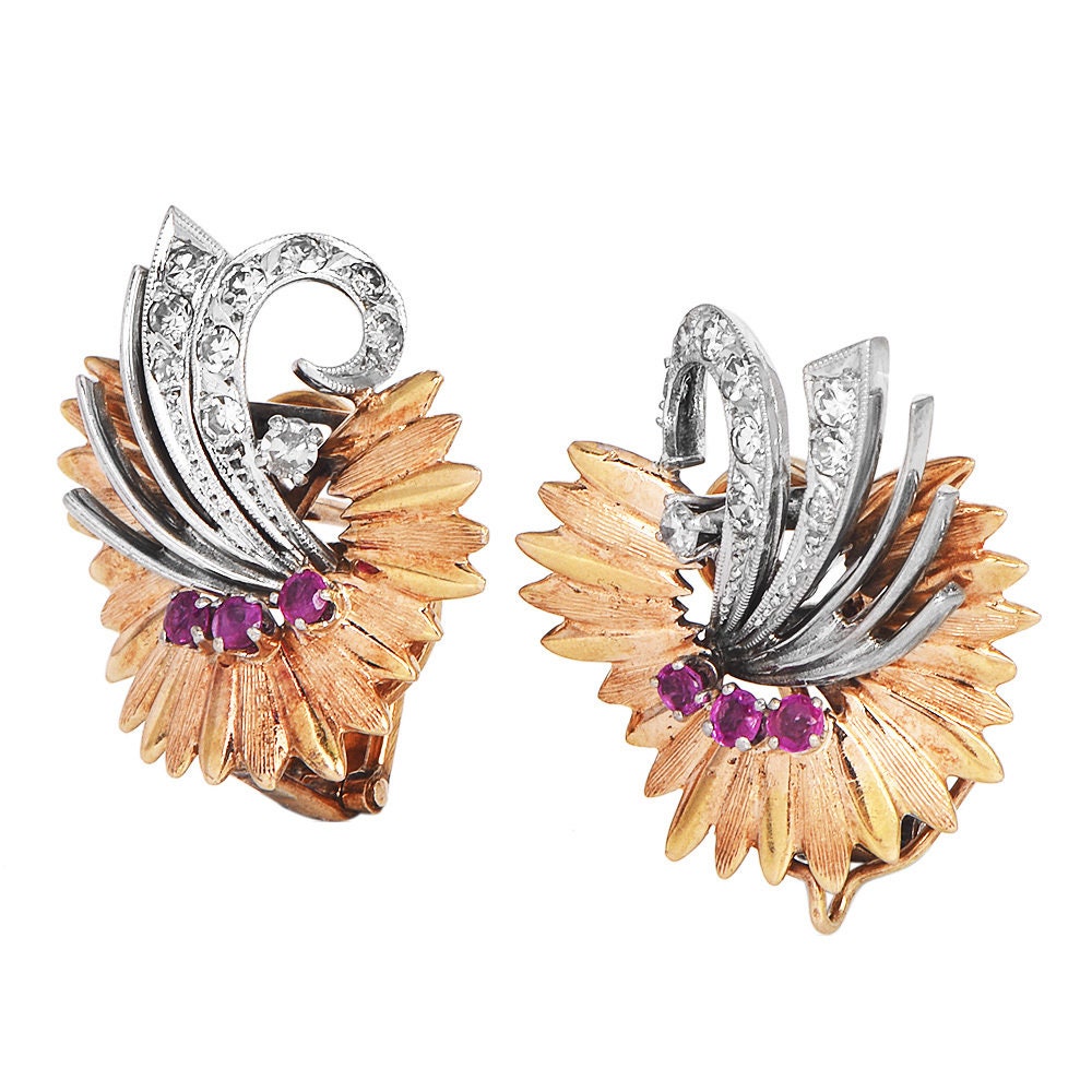Vintage 1940s Retro Two Tone Rose and White Gold Diamond and Ruby Feather Spray Earrings